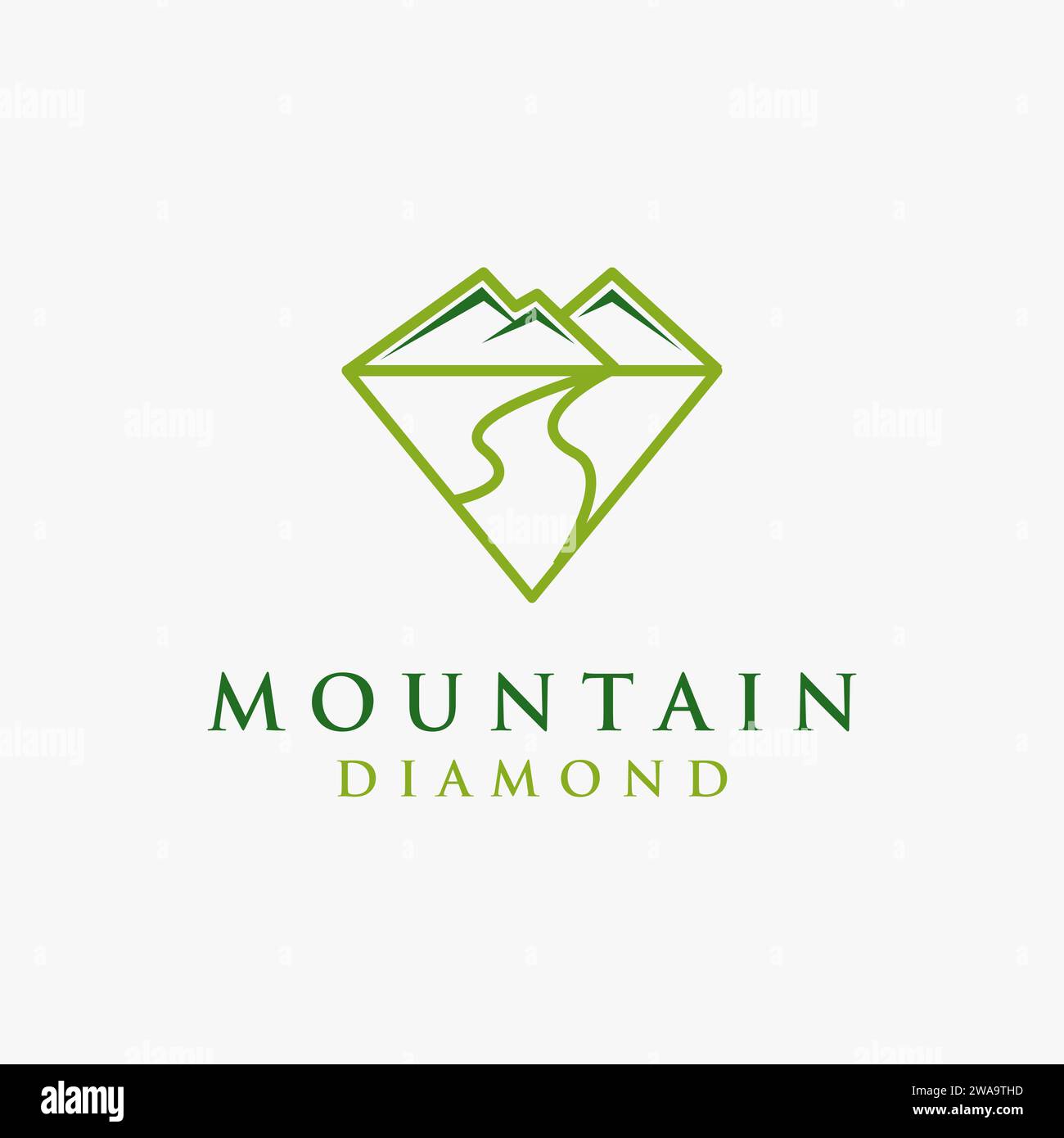 Icona del logo del diamante naturale, icona del logo del paesaggio di montagna e fiume modello vettoriale su sfondo bianco Illustrazione Vettoriale