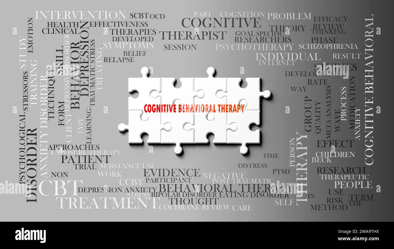 Terapia cognitiva comportamentale - un argomento complesso, correlato a molti concetti. Raffigurata come un puzzle e una nuvola di parole.,illustrazione 3d. Foto Stock