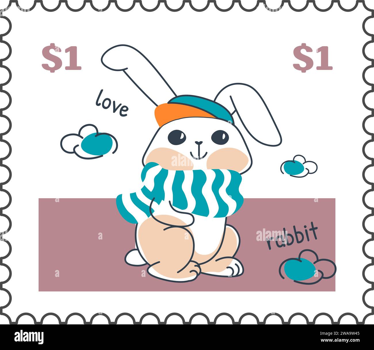 Coniglio che indossa una sciarpa calda in maglia cartolina o un marchio Illustrazione Vettoriale