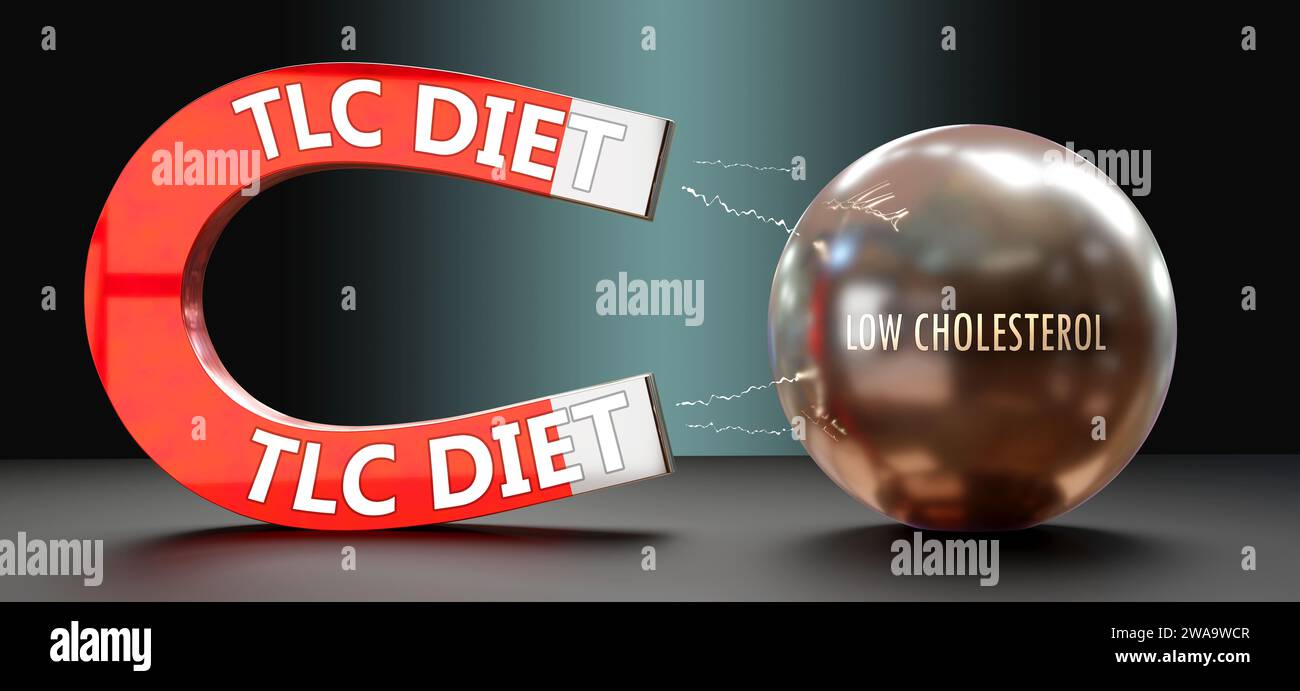 La dieta TLC attira un basso livello di colesterolo. Una metafora che mostra la dieta tlc come un grande magnete che attrae un basso livello di colesterolo. Rapporto causa-effetto tra Foto Stock