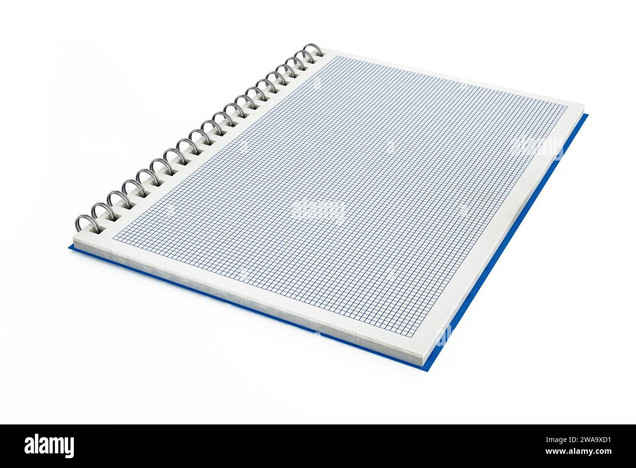 Blocco note a griglia isolato su sfondo bianco. Illustrazione 3D. Foto Stock