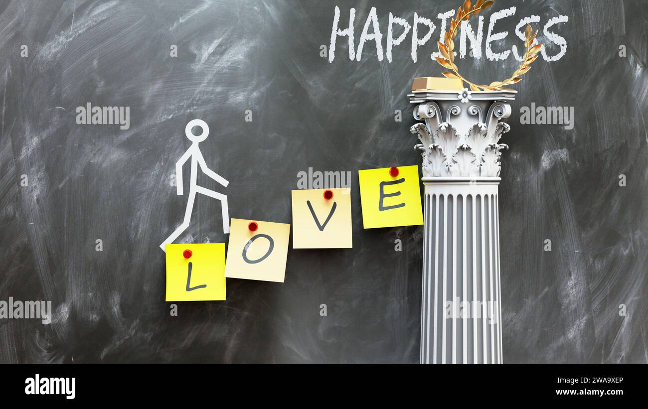 L'amore porta alla felicità - una metafora che mostra come l'amore fa la strada per raggiungere la felicità desiderata. Simboleggia l'importanza dell'amore, della causa e dell'effetto Foto Stock