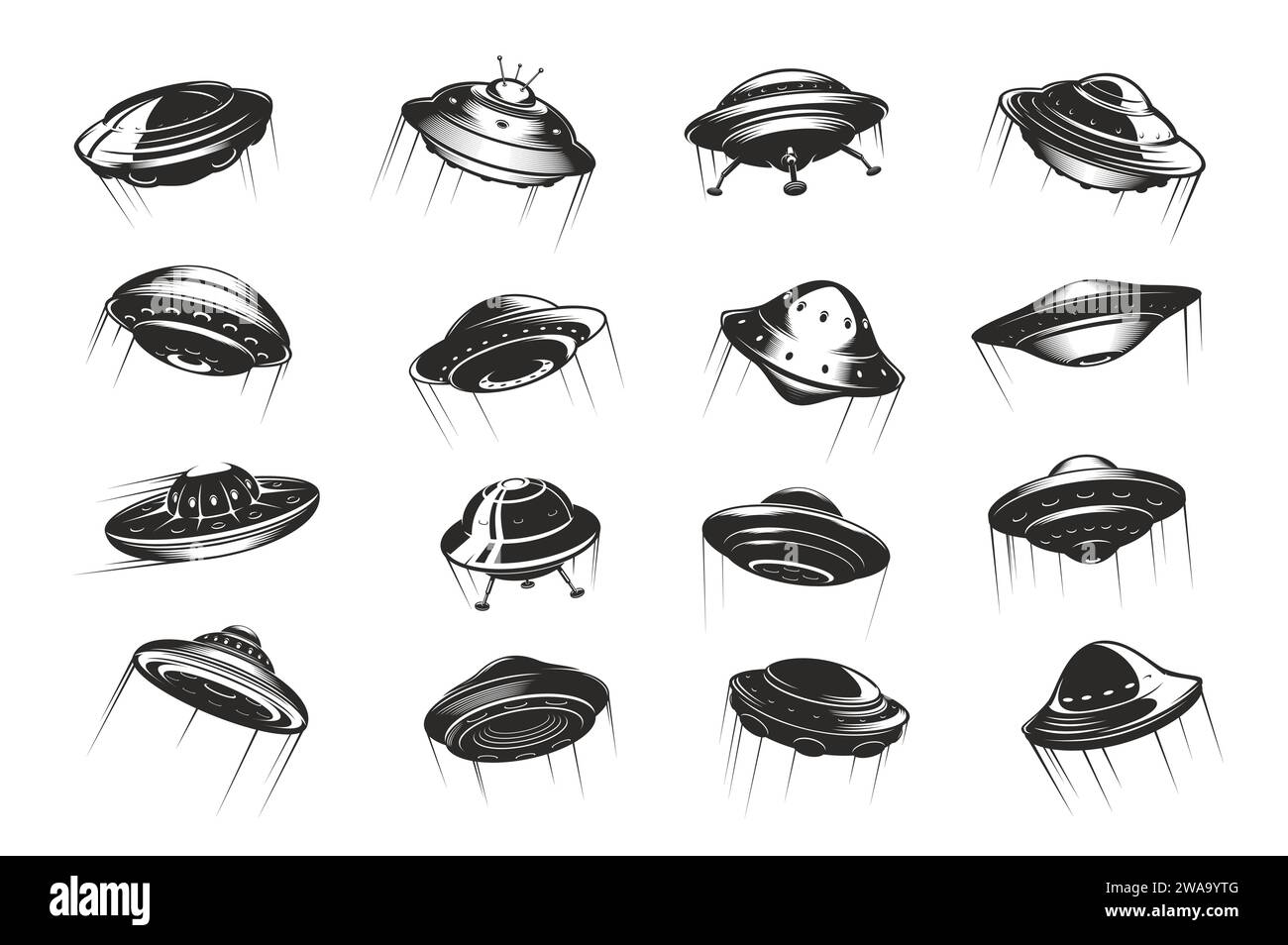 Navicella spaziale con dischi volanti UFO e sentieri. Astronave aliena volante o area 51 paranormale oggetti volanti sconosciuti insieme di icone vettoriali monocromatiche. Raccolta dei simboli del veicolo UFO sci FI os Signs Illustrazione Vettoriale