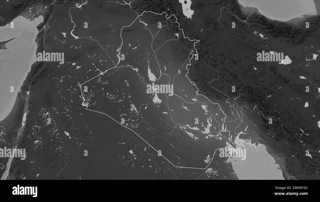 Iraq delineato su una mappa di elevazione in scala di grigi con laghi e fiumi Foto Stock