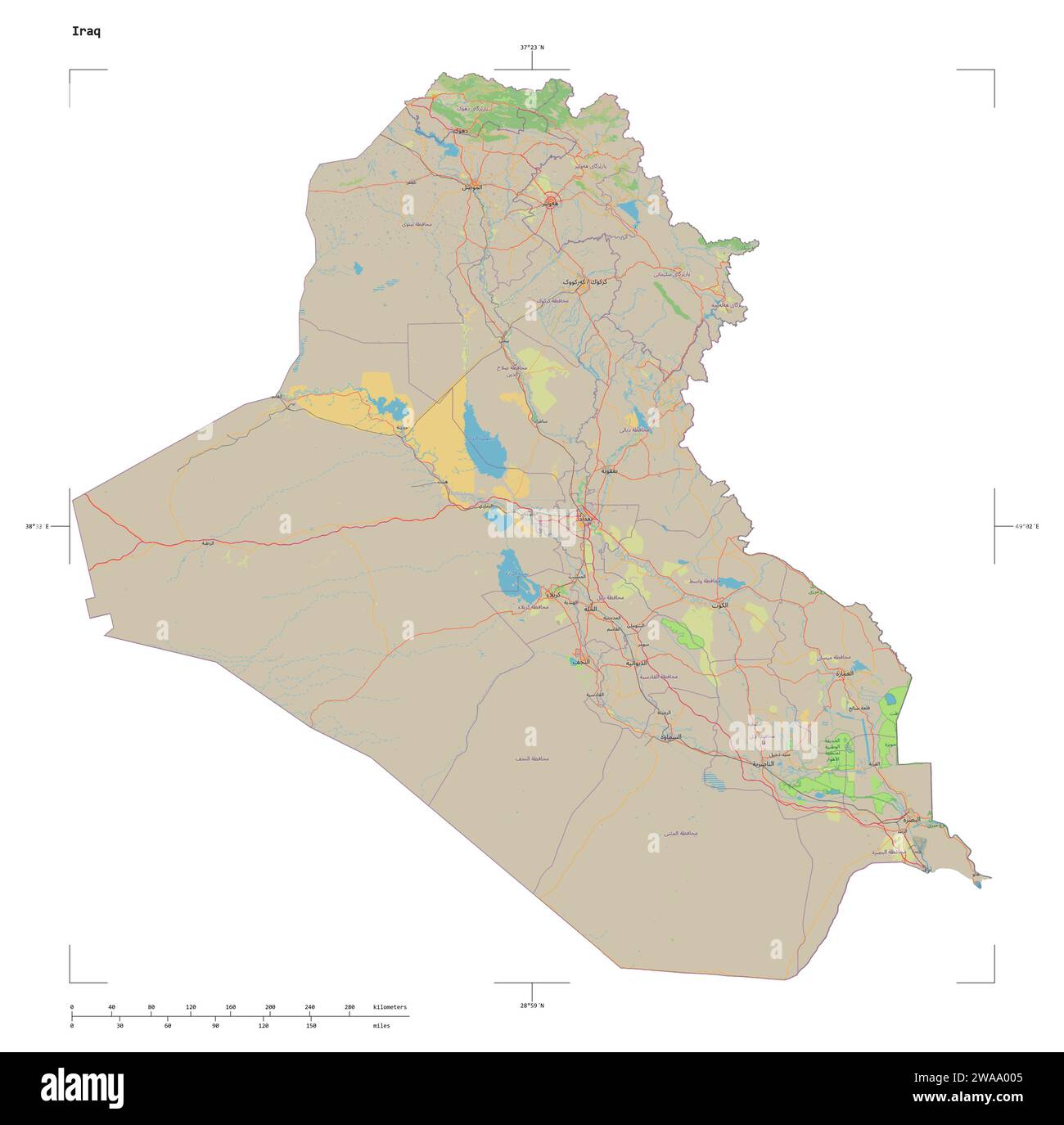 Forma di una mappa topografica in stile standard OSM dell'Iraq, con scala di distanza e coordinate di confine della mappa, isolata su bianco Foto Stock