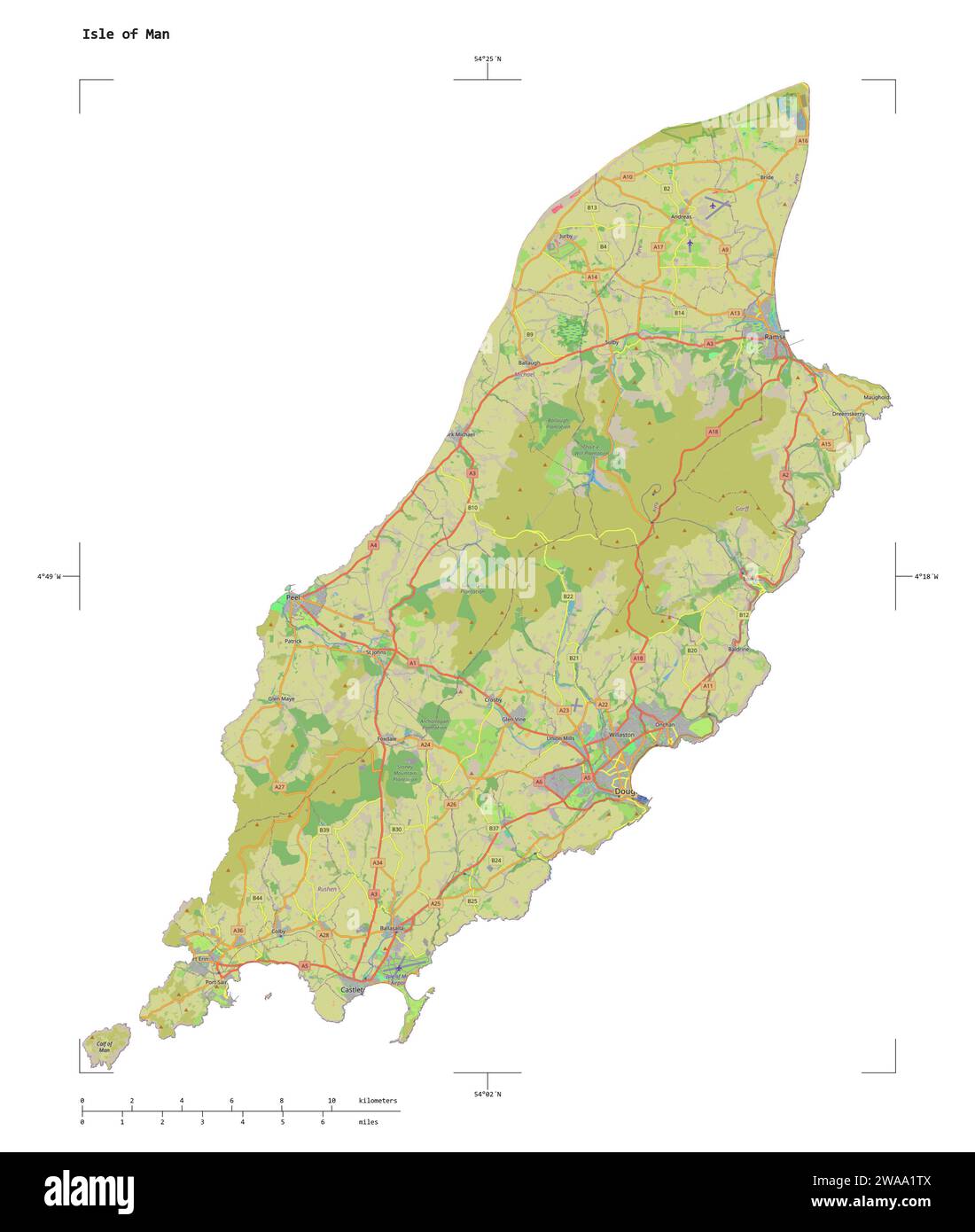 Forma di una mappa topografica in stile standard OSM dell'Isola di Man, con scala di distanza e coordinate di confine della mappa, isolata su bianco Foto Stock