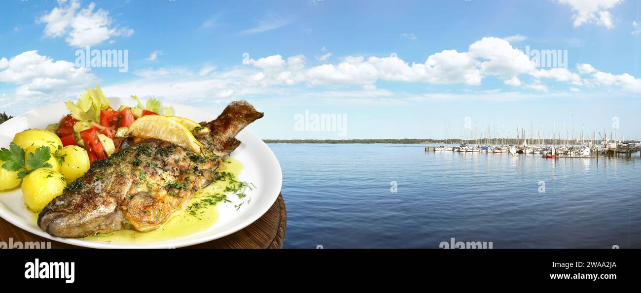 Lago di pesca con trote grigliate su piatto - Panorama Foto Stock