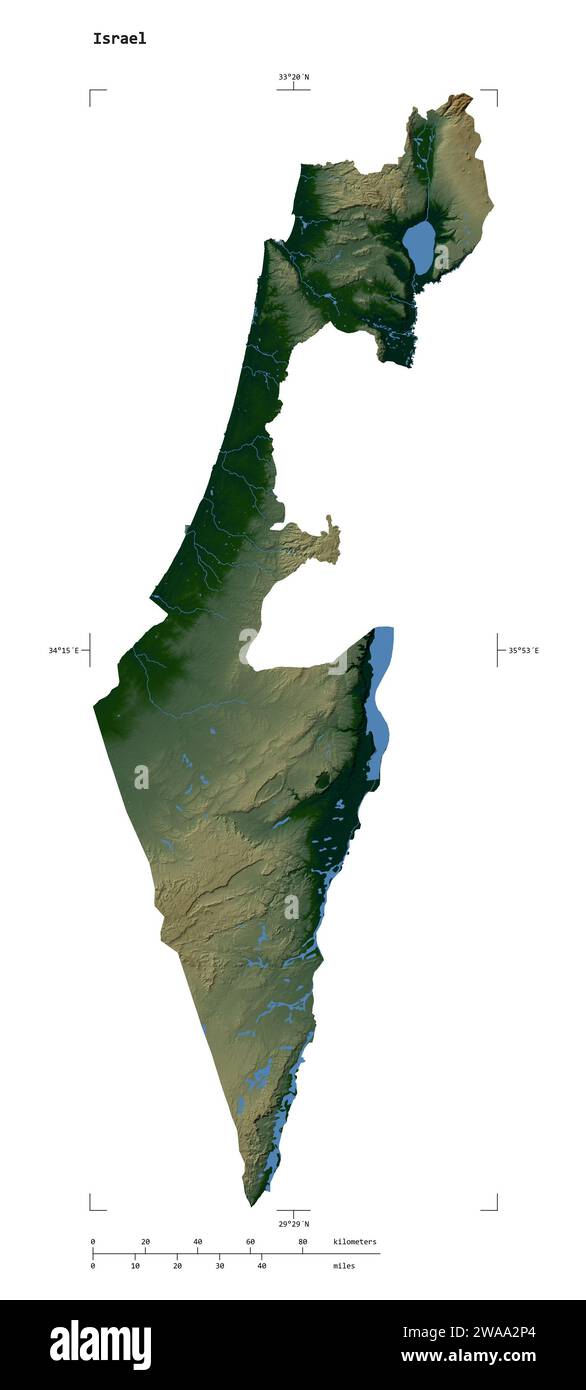 Forma di una mappa colorata di elevazione con laghi e fiumi d'Israele, con scala di distanza e coordinate di confine della mappa, isolati su bianco Foto Stock