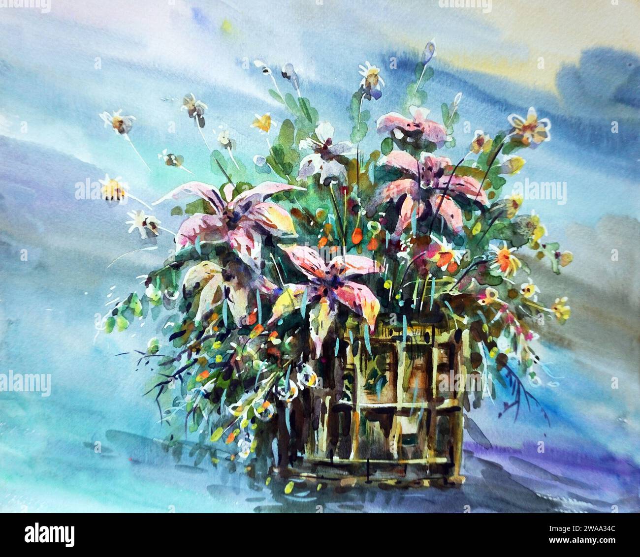 arte acquerello pittura fiore in vaso Foto Stock