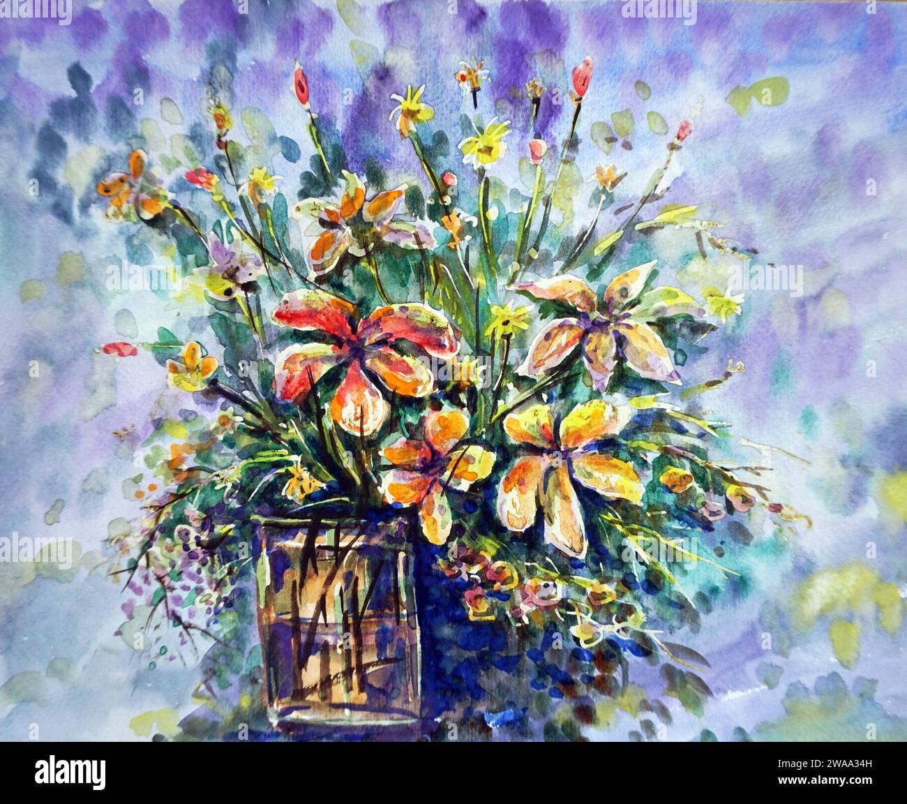 arte acquerello pittura fiore in vaso Foto Stock