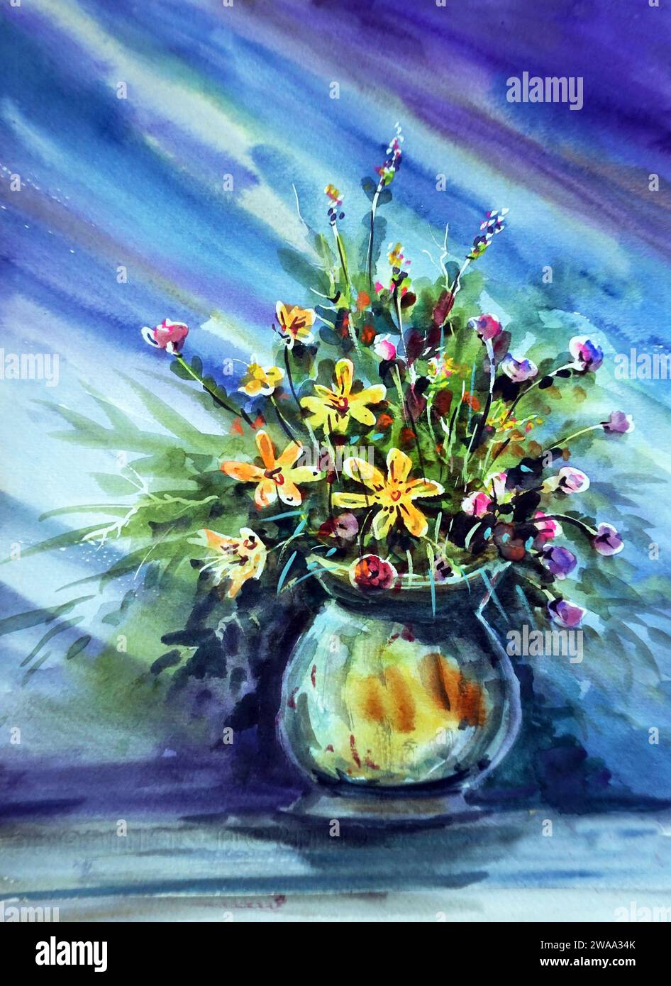 arte acquerello pittura fiore in vaso Foto Stock
