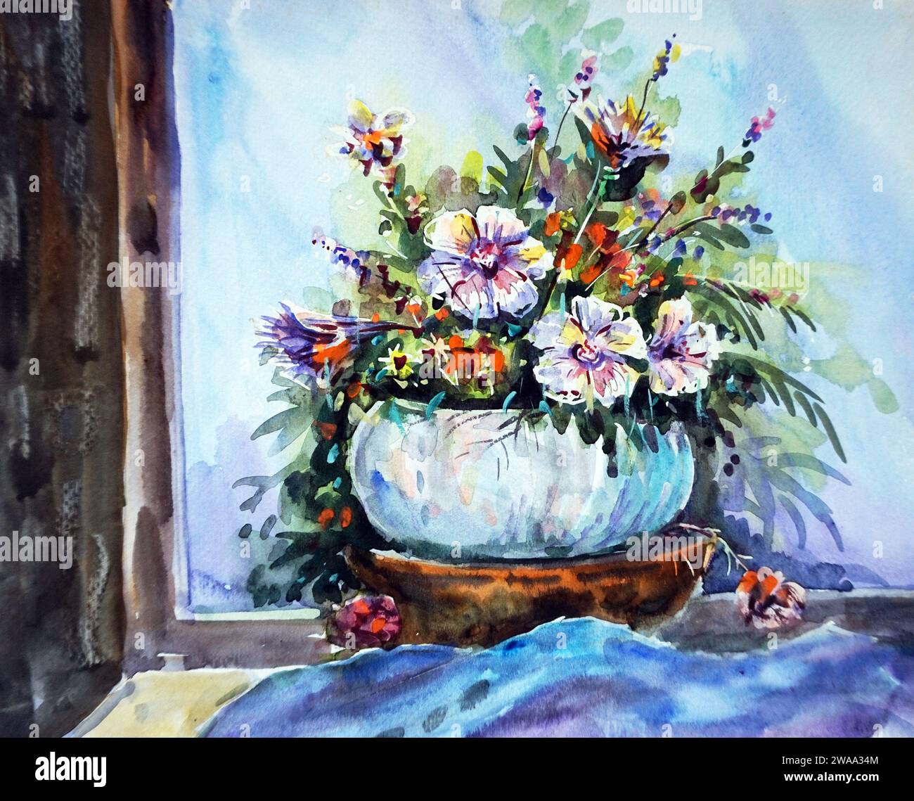 arte acquerello pittura fiore in vaso Foto Stock