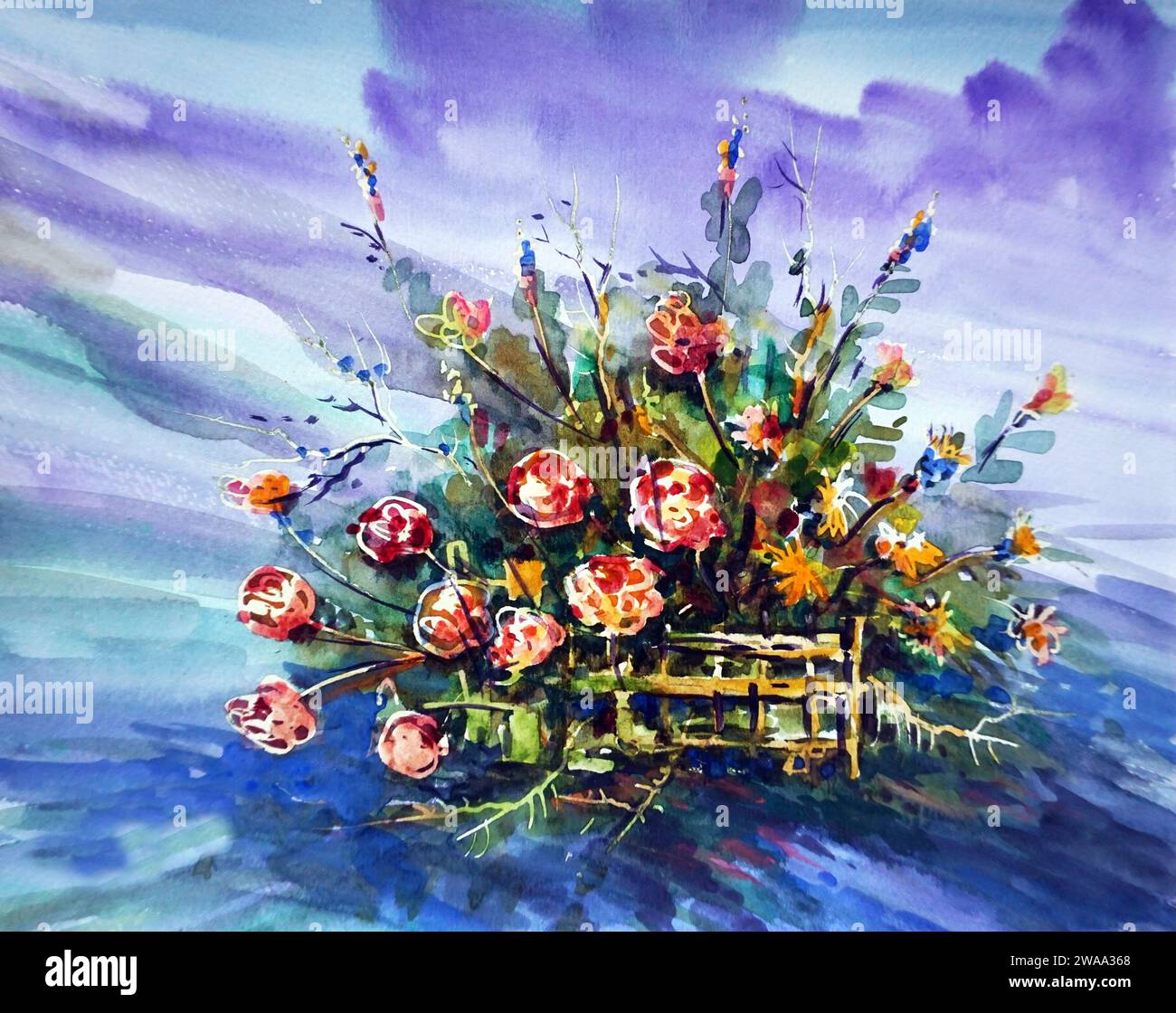 arte acquerello pittura fiore in vaso Foto Stock