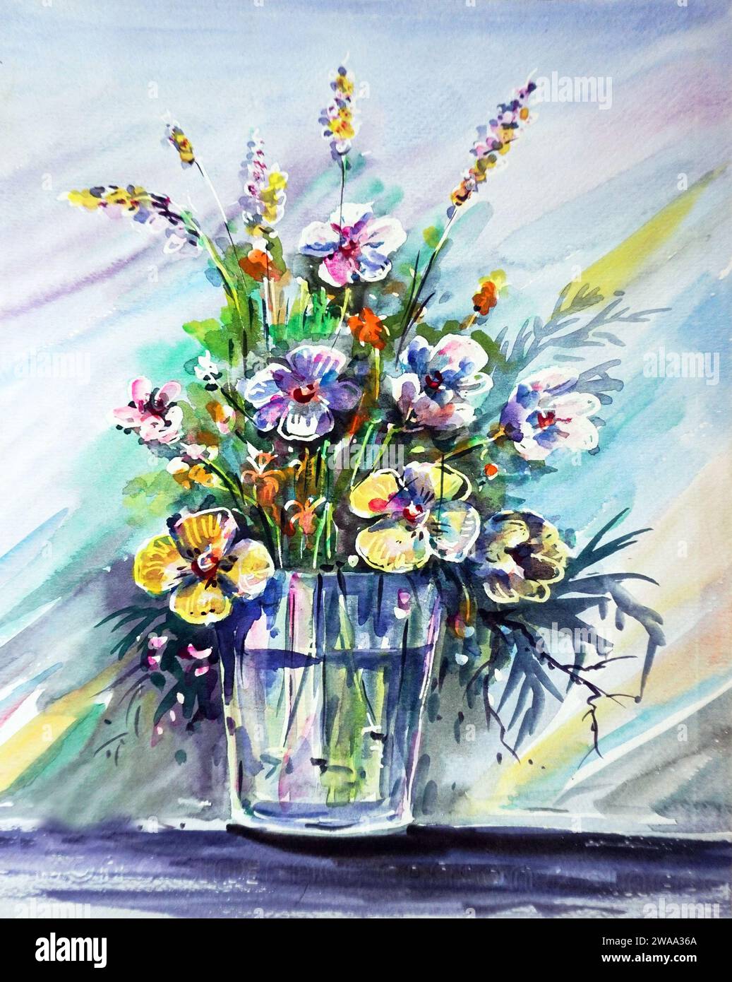 arte acquerello pittura fiore in vaso Foto Stock