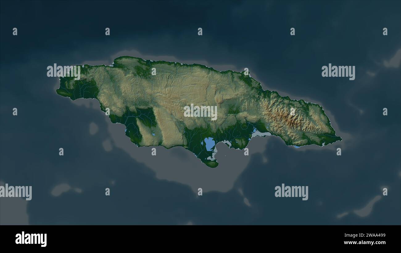 La Giamaica è evidenziata su una mappa colorata con laghi e fiumi Foto Stock