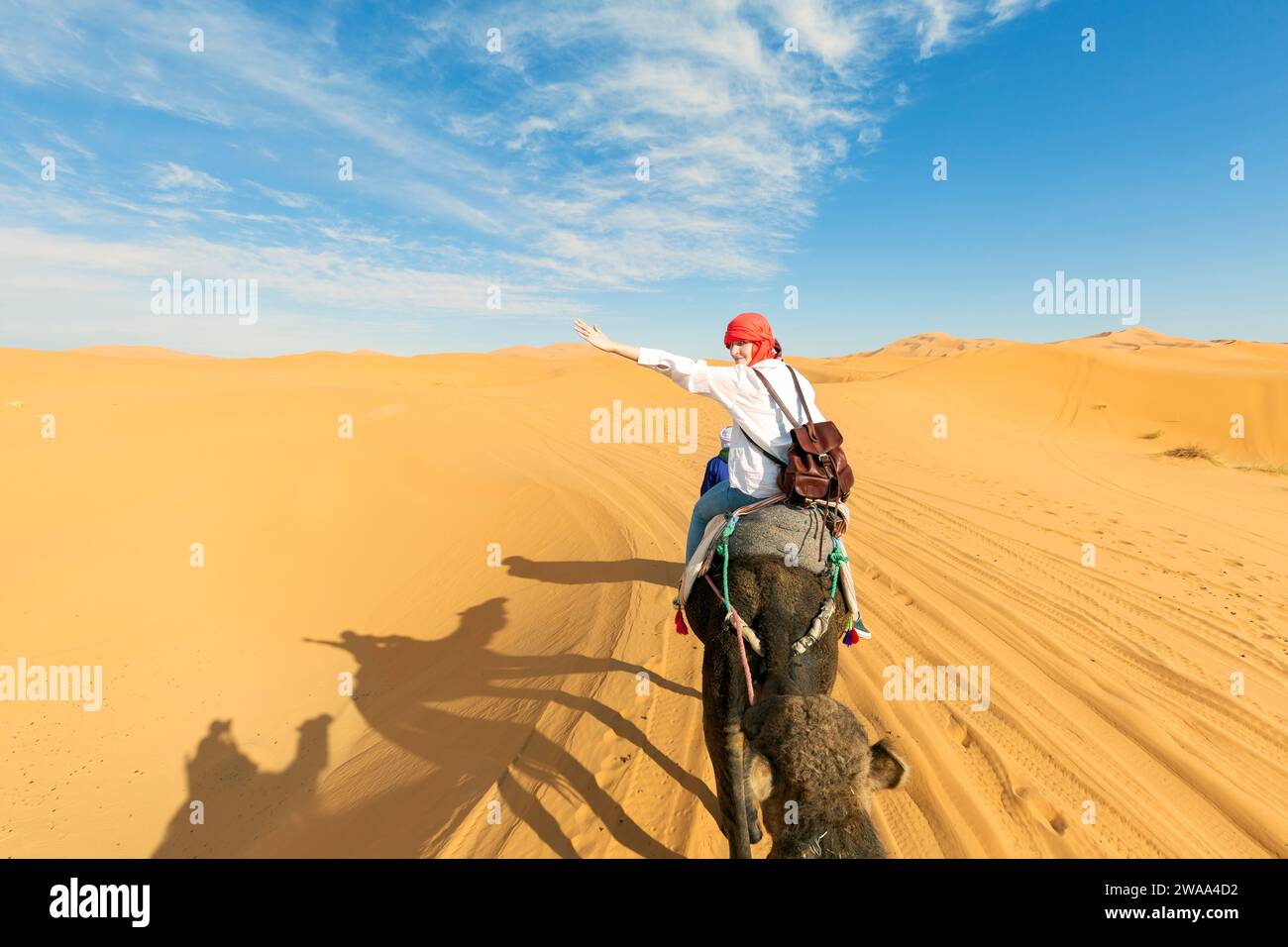 Una giovane donna cavalca un cammello attraverso le dune del deserto del Sahara. Veduta della donna da dietro, sullo sfondo, piccole sagome di un altro tour Foto Stock