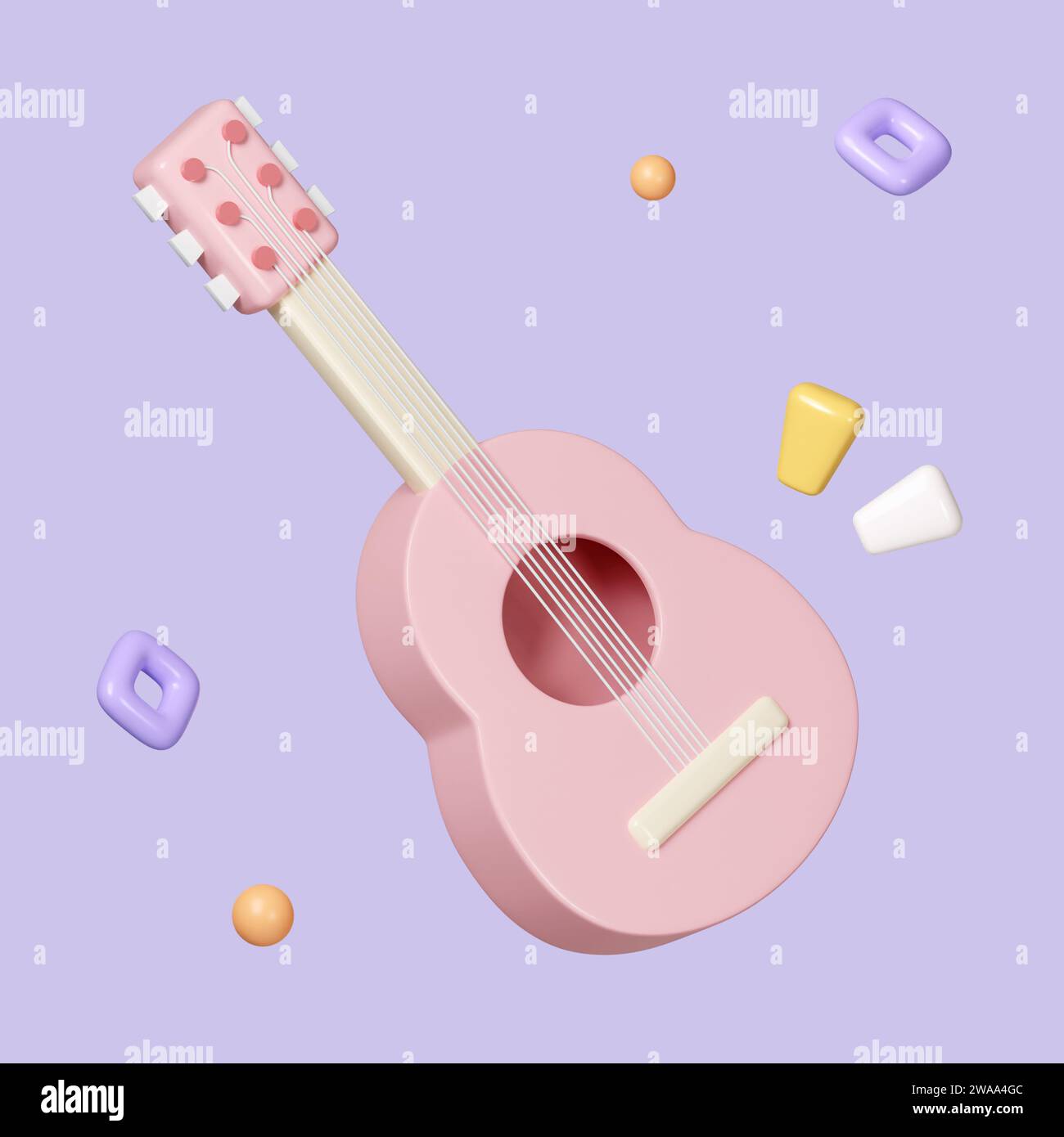 3D Render illustrazione della chitarra cartoon strumento musicale acustico icona minima isolata su sfondo pastello. percorso di ritaglio simbolo icona. rendering 3d. Foto Stock