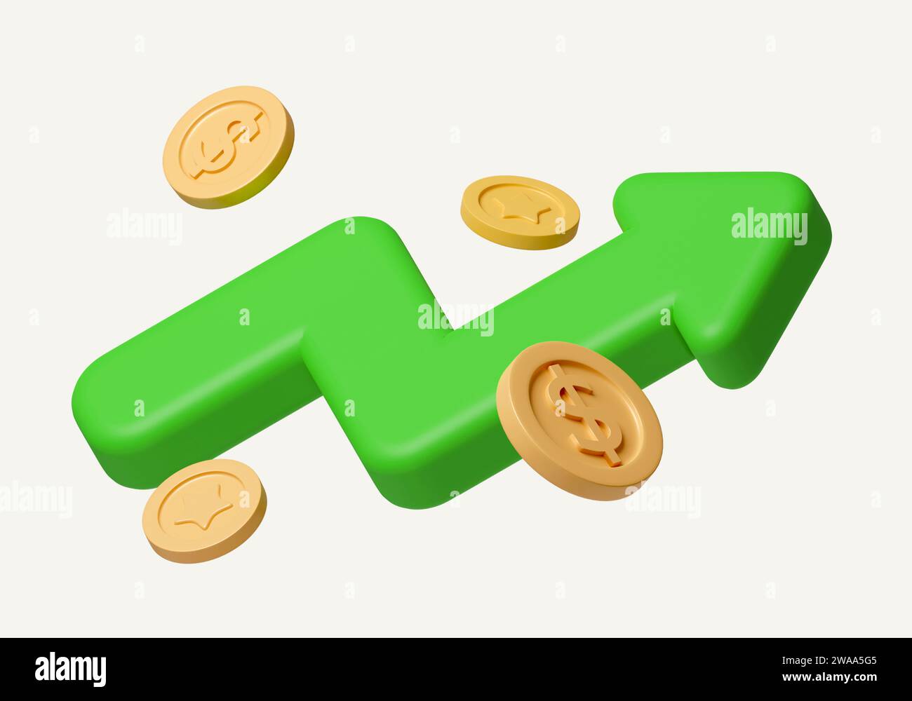 Freccia su verde e moneta che volano su sfondo bianco. Concetto di successo finanziario e crescita. icona isolata su sfondo bianco. illustrazione del rendering 3d. Foto Stock