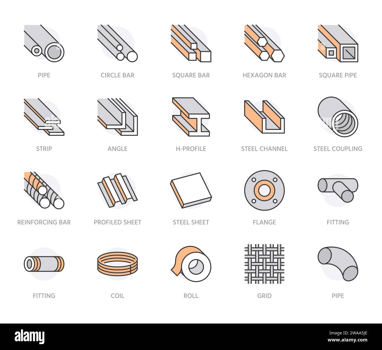 Set di icone a linea piatta in acciaio inox. Illustrazioni di lamiere, bobine, strisce, tubi e vettori di armatura. Segnaletica per i prodotti metallurgici Illustrazione Vettoriale