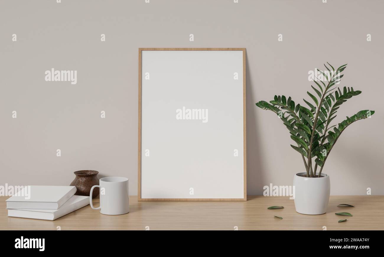 Mockup con cornice a poster in un accogliente salotto, illustrazione di rendering 3d. Foto Stock