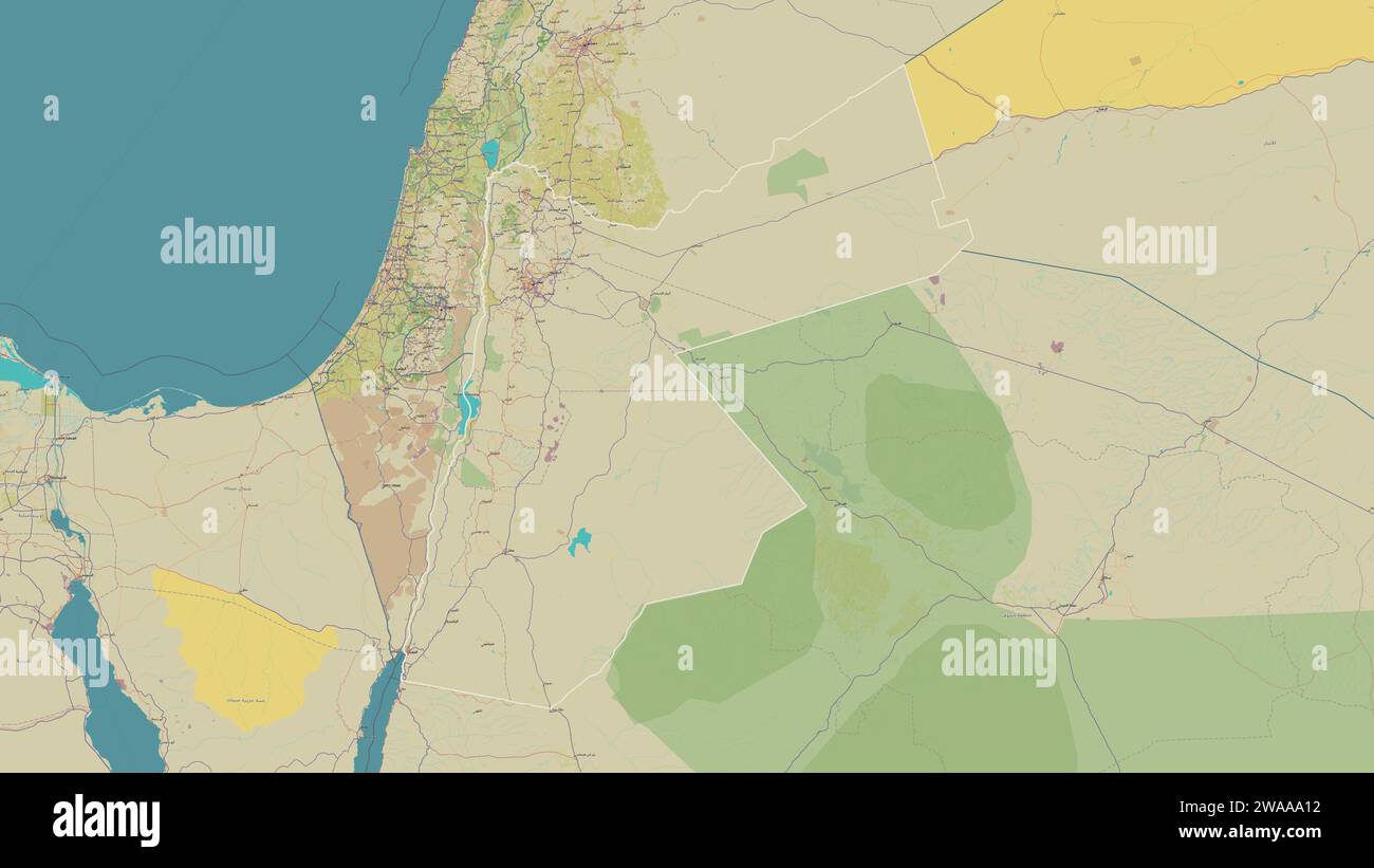 Giordania delineata su una mappa topografica in stile umanitario OSM Foto Stock