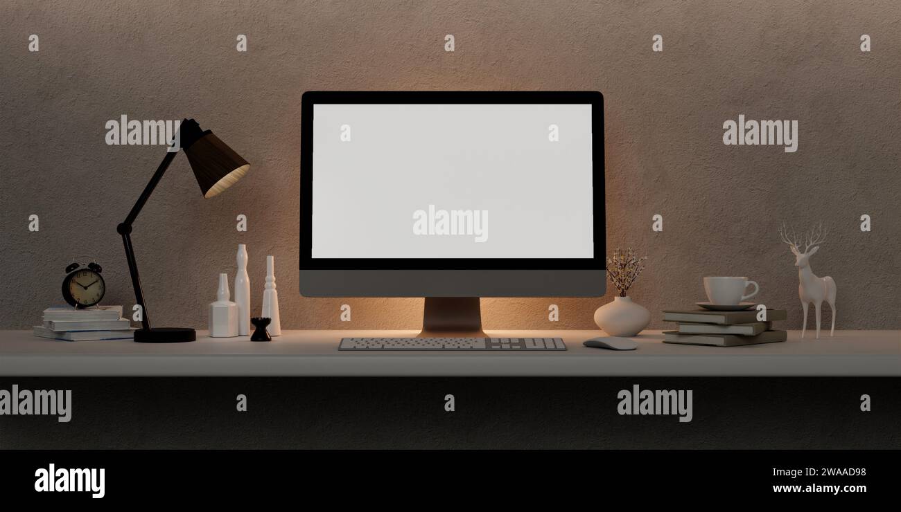 Un moderno modello di PC a schermo vuoto si trova su un tavolo in un moderno ufficio domestico minimalista. illustrazione del rendering 3d. Foto Stock