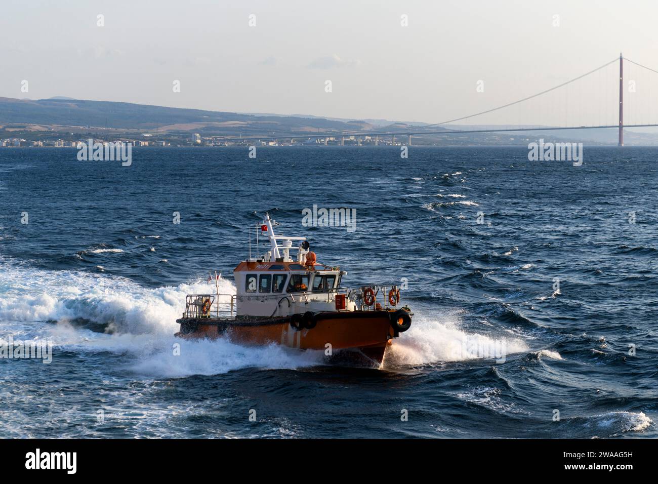 Nave pilota e nave cargo in mare. Imbarco del pilota. Pilotaggio. Foto Stock