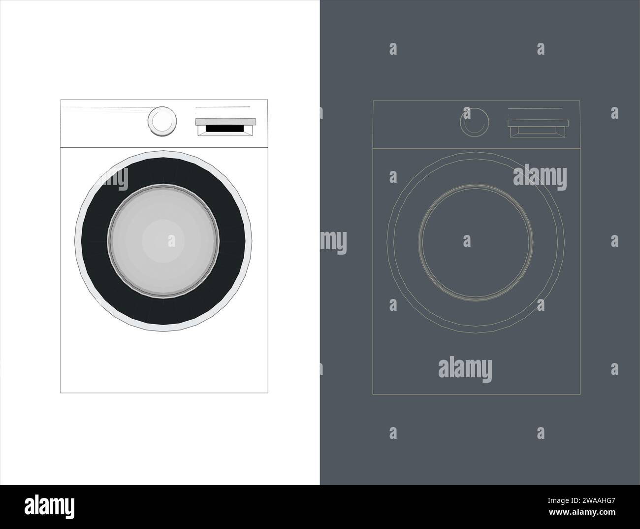 Mockup di progetto wireframe per lavatrice vettoriale isolato su sfondo bianco. Illustrazione 3d moderna e realistica degli elettrodomestici Illustrazione Vettoriale