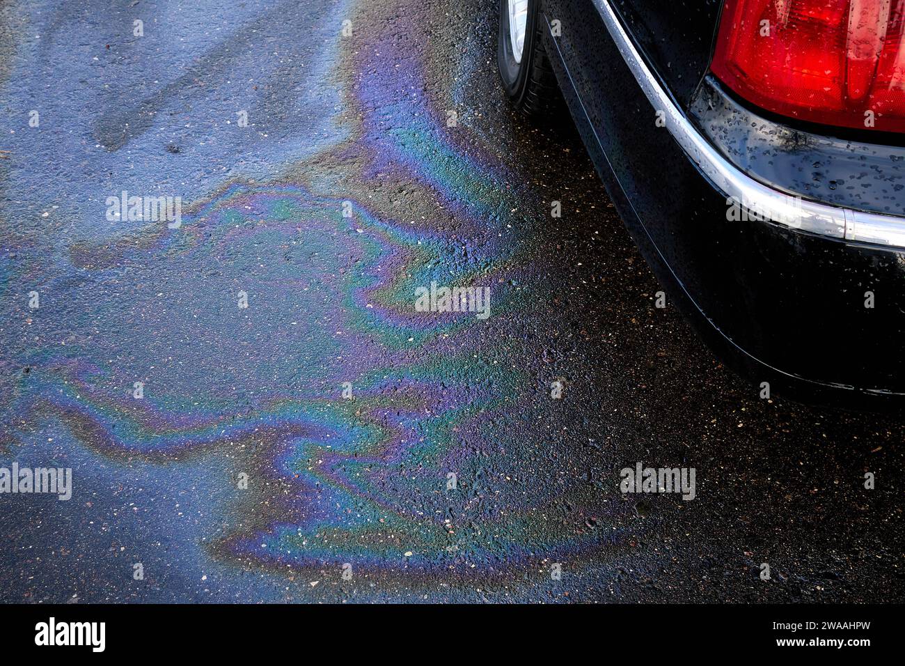 Macchie di olio motore della vettura. Perdita sotto l'auto quando l'auto è parcheggiata. Foto Stock