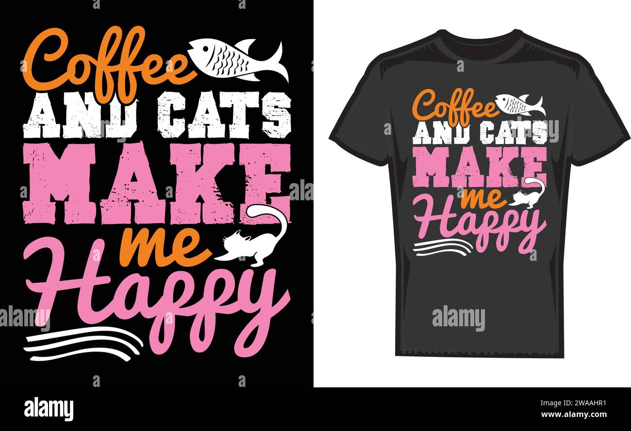 Caffè e gatti mi rendono felice, magliette dal design unico Illustrazione Vettoriale