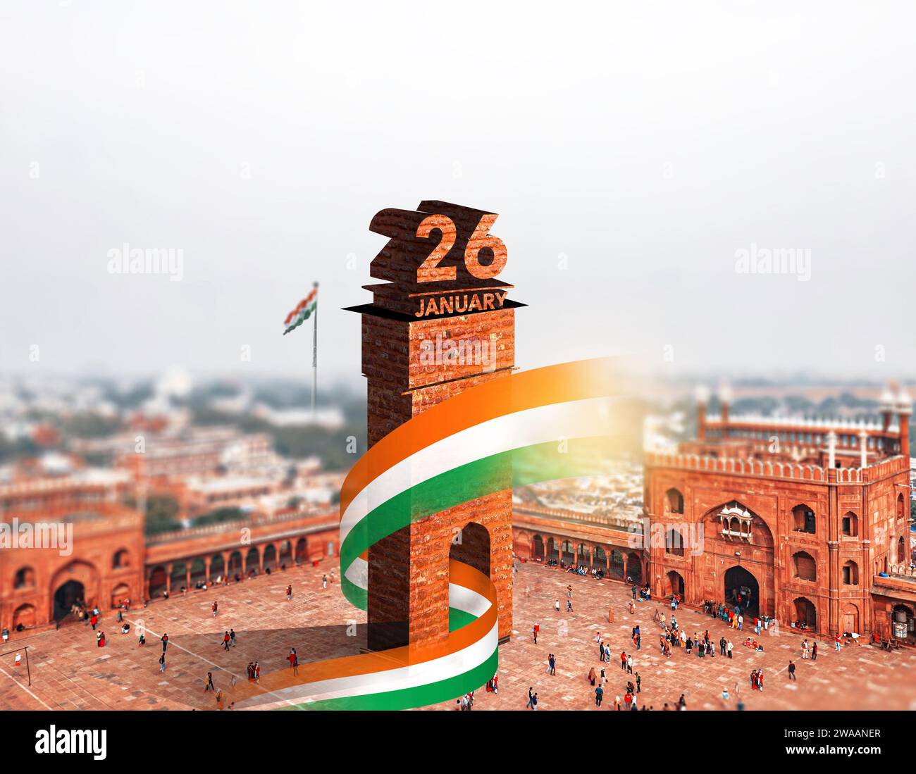 Festeggiamo il 26 gennaio, la giornata della Repubblica dell'India dal forte Rosso. Un modello di design creativo per poster, banner, pubblicità, ecc. Felice Festa della Repubblica. Foto Stock