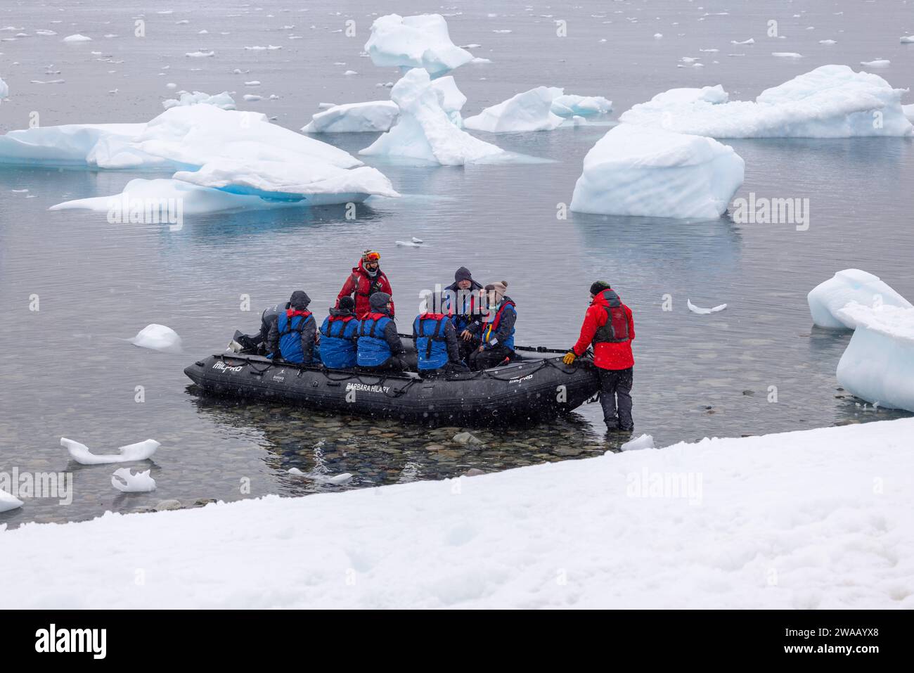 Antartide, 18 dicembre 2023: I passeggeri della spedizione in una crociera in Antartide con Aurora Expeditions lasciano la costa a bordo di uno Zodiak. Foto Stock