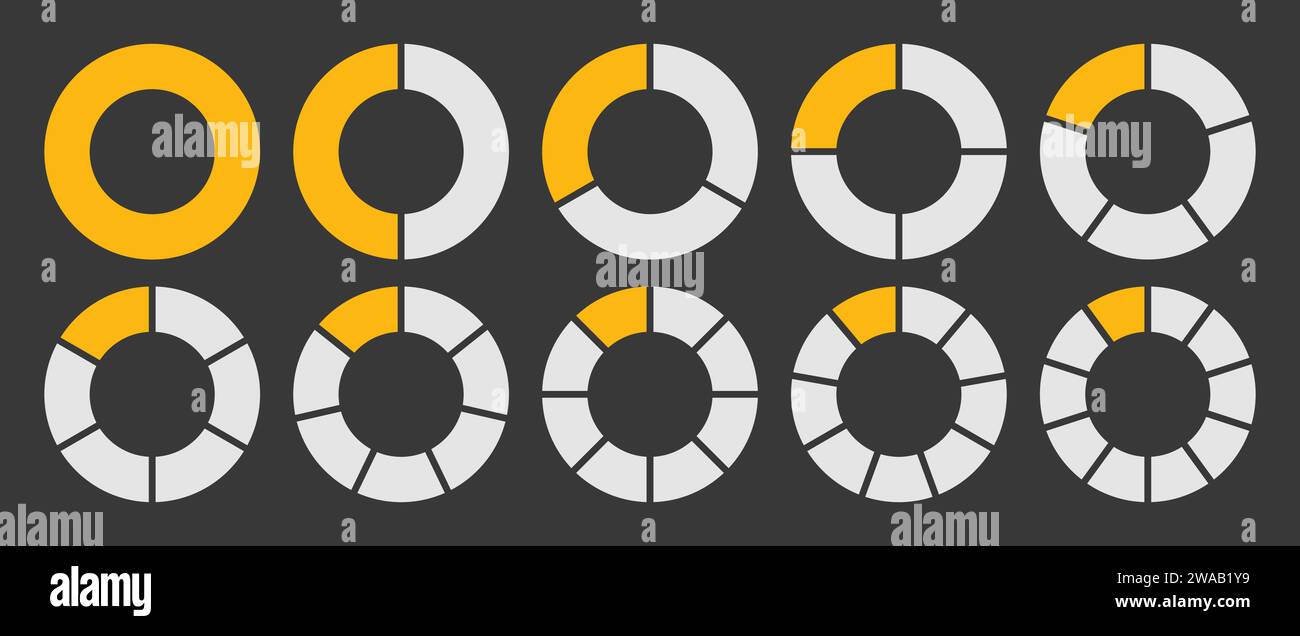 Cerchio vuoto diviso in 1-10 parti. Diagramma del segmento del cerchio vuoto nel grafico a 1-10 parti grafico grafico a sezione con icona a torta di colore giallo-bianco. Illustrazione Vettoriale