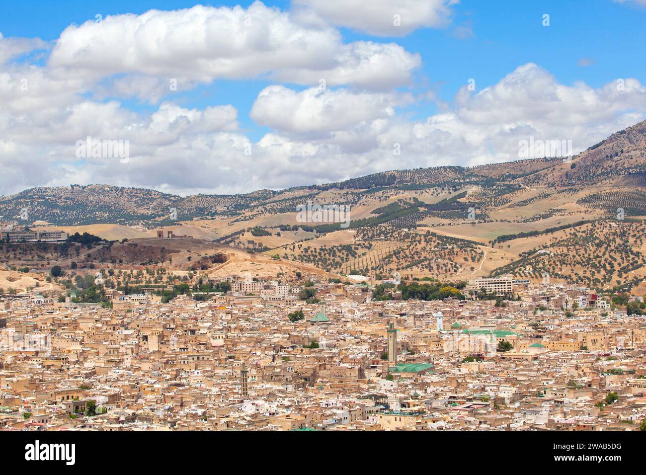La città imperiale di Fez e le colline circostanti sono viste dall'alto, in Marocco. Foto Stock