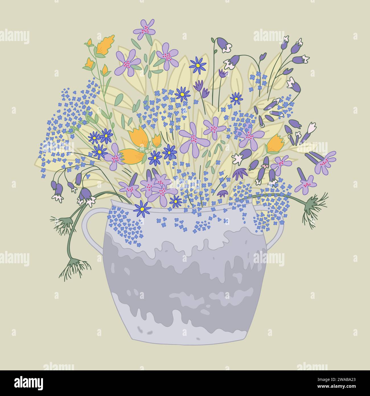 Fiori selvatici nel vaso su sfondo verde chiaro. Illustrazione Vettoriale