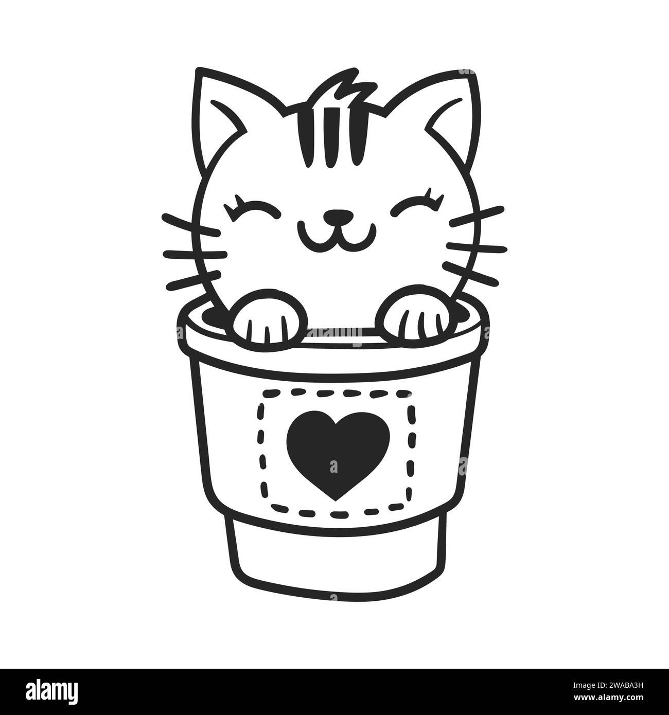 Carino gatto in tazza da tè e caffè. Simpatico e divertente personaggio animale domestico per il concetto di San Valentino. Illustrazione vettoriale lineare in bianco e nero Illustrazione Vettoriale