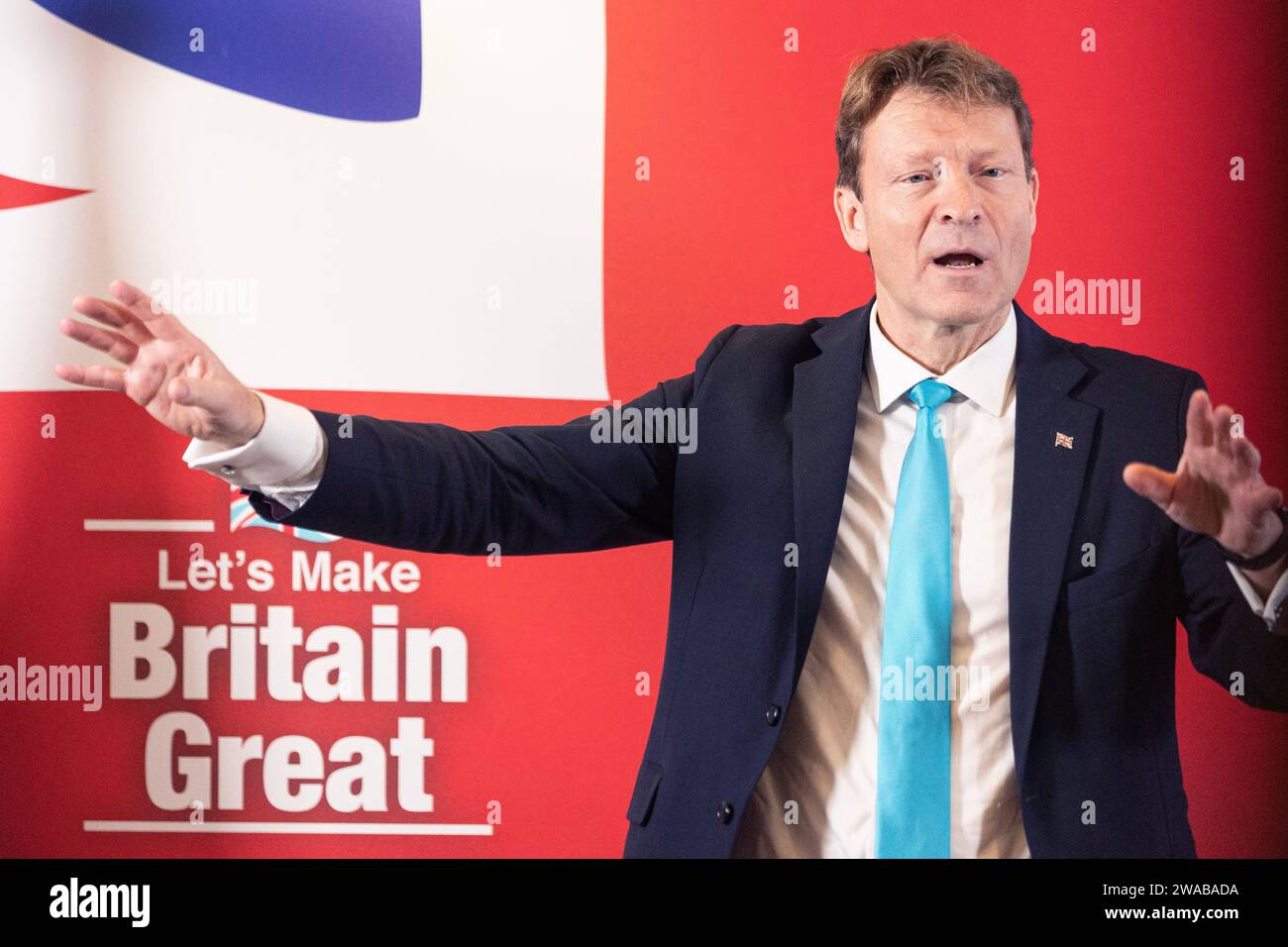 03/01/2024, Londra, Regno Unito. Leader di Reform UK, Richard Tice è visto parlare come una conferenza stampa a Victoria, nel centro di Londra, mentre lui annoia Foto Stock