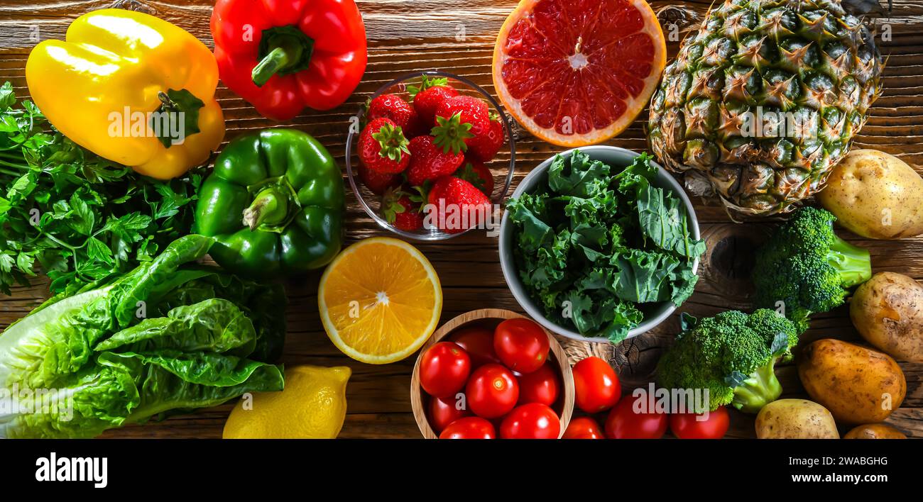 Prodotti alimentari ricchi di vitamina C o acido ascorbico. Foto Stock