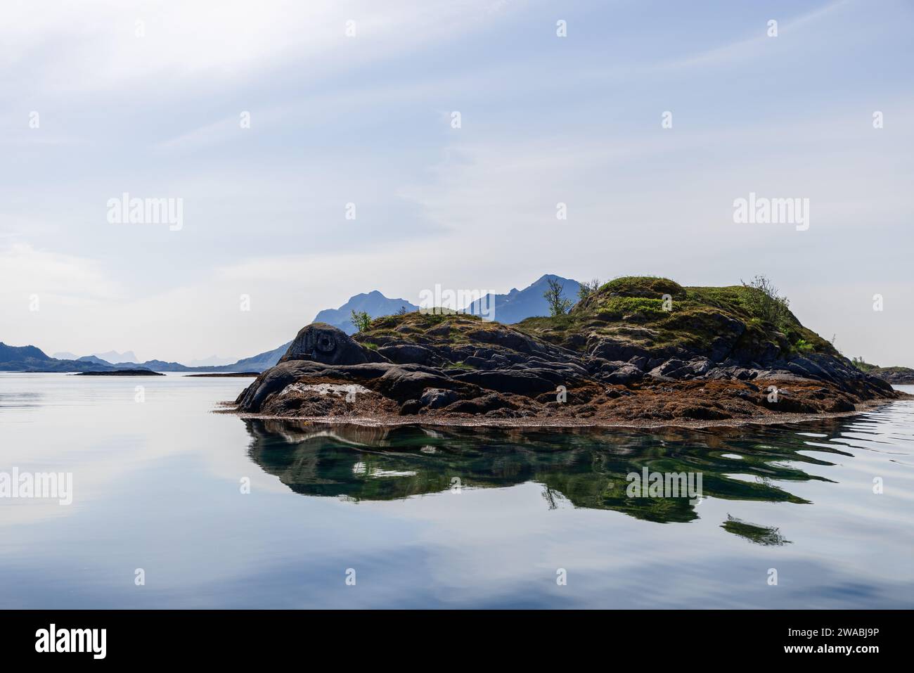 Un isolotto tranquillo con affioramenti di muschi si riflette sull'acqua cristallina sotto un cielo nebbioso, le Isole Lofoten in Norvegia Foto Stock
