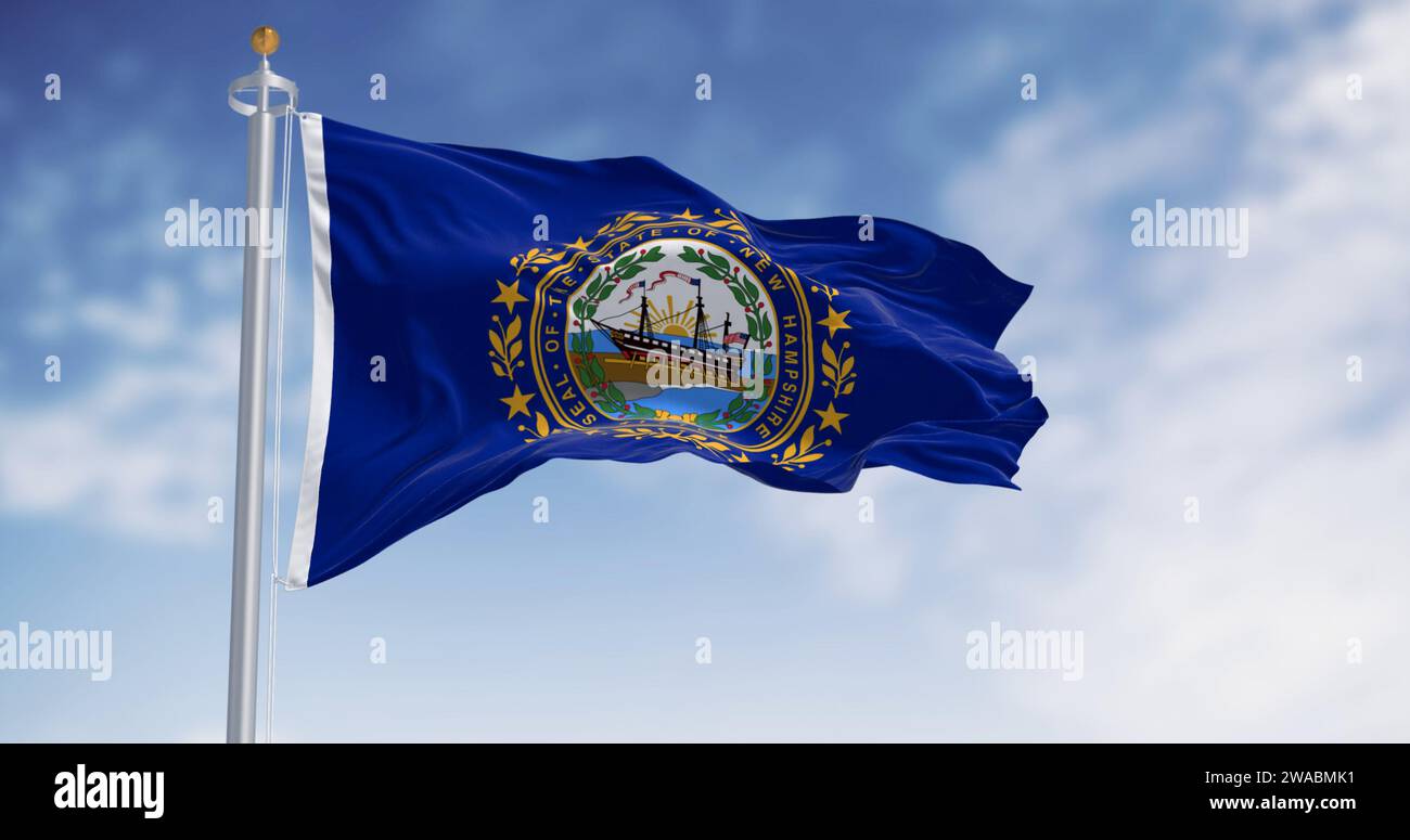 Bandiera dello stato del New Hampshire che sventola nel vento in una giornata limpida. Sfondo blu scuro con un sigillo di stato al centro. rendering dell'illustrazione 3d. Fiamma Foto Stock