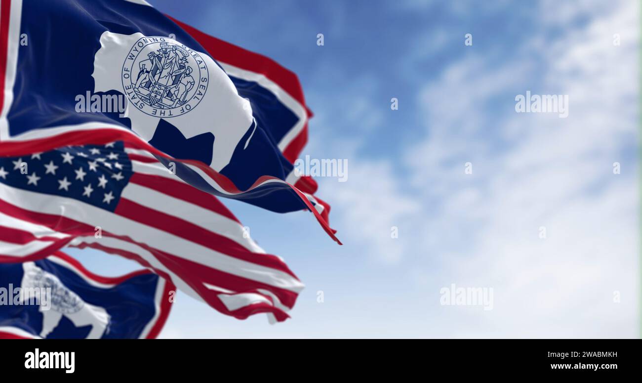 Bandiera dello stato del Wyoming e bandiera americana che sventolano insieme in una giornata limpida. Silhouette di un bisonte americano con il sigillo di stato sul tronco. illustrazioni 3d. Foto Stock