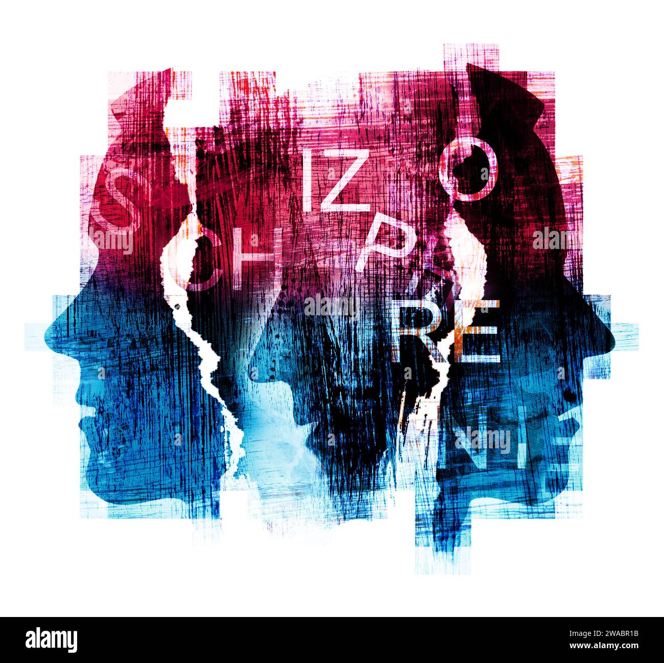 Schizofrenia, depressione, malattia mentale, concetto di carta strappata. Carta strappata testa maschio silhouette stilizzate su sfondo grunge. Foto Stock