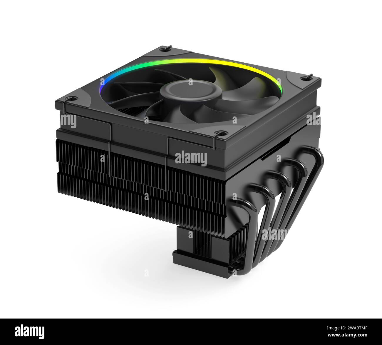 Raffreddatore del processore per computer nero a basso profilo su sfondo bianco Foto Stock
