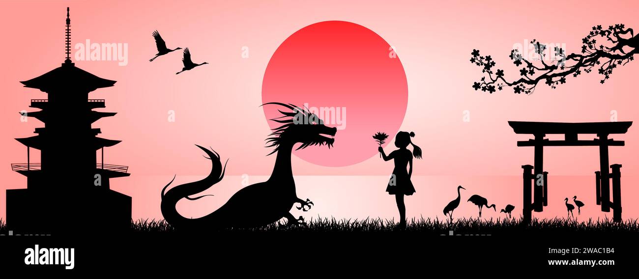 Una bambina con un fiore incontra un drago, sullo sfondo del sole nascente, della pagoda giapponese, dei rami sakura, delle porte e degli uccelli. Illustrazione Vettoriale