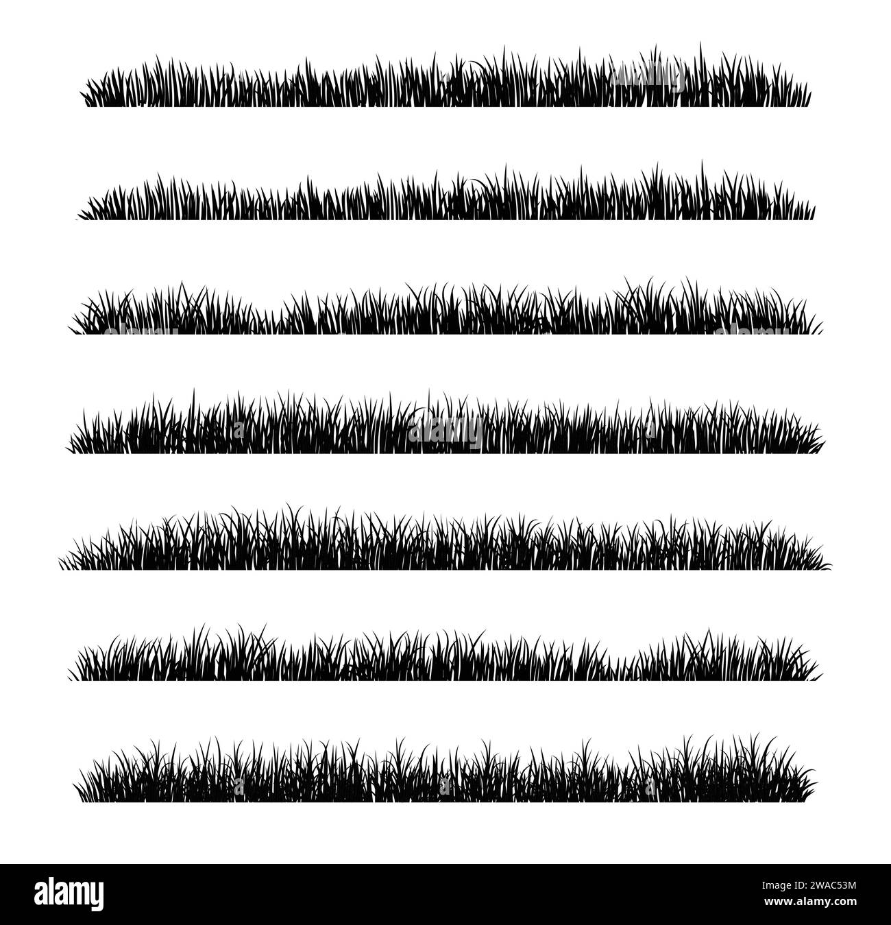 Silhouette in erba verde. Linee di cartoni animati di piante e arbusti per l'imbarco e l'inquadratura, elemento logo ecologico e organico. Semina di campi a molla con set vettoriale Illustrazione Vettoriale
