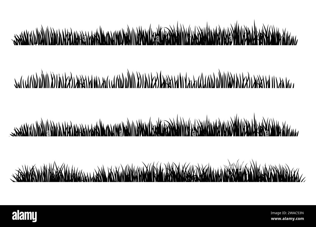 Silhouette in erba verde. Linee di cartoni animati di piante e arbusti per l'imbarco e l'inquadratura, elemento logo ecologico e organico. Semina di campi a molla con set vettoriale Illustrazione Vettoriale