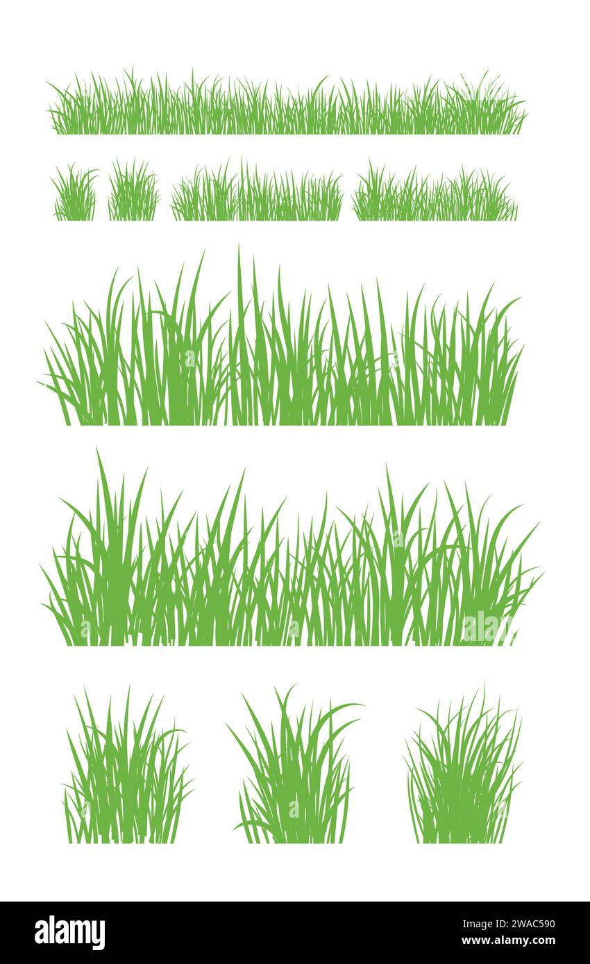 Silhouette in erba verde. Linee di cartoni animati di piante e arbusti per l'imbarco e l'inquadratura, elemento logo ecologico e organico. Semina di campi a molla con set vettoriale Illustrazione Vettoriale