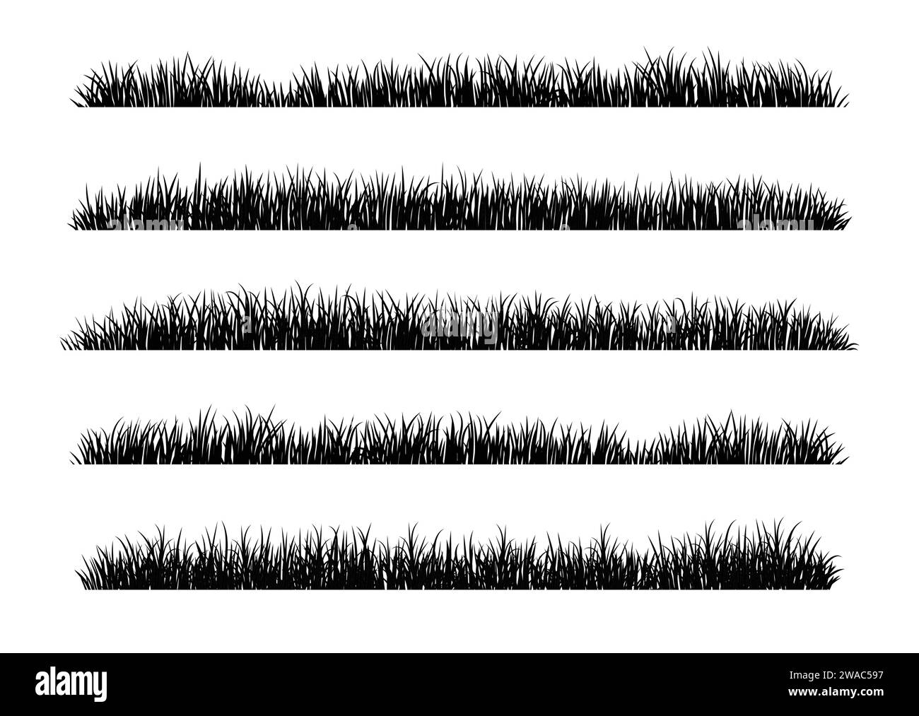 Silhouette in erba verde. Linee di cartoni animati di piante e arbusti per l'imbarco e l'inquadratura, elemento logo ecologico e organico. Semina di campi a molla con set vettoriale Illustrazione Vettoriale