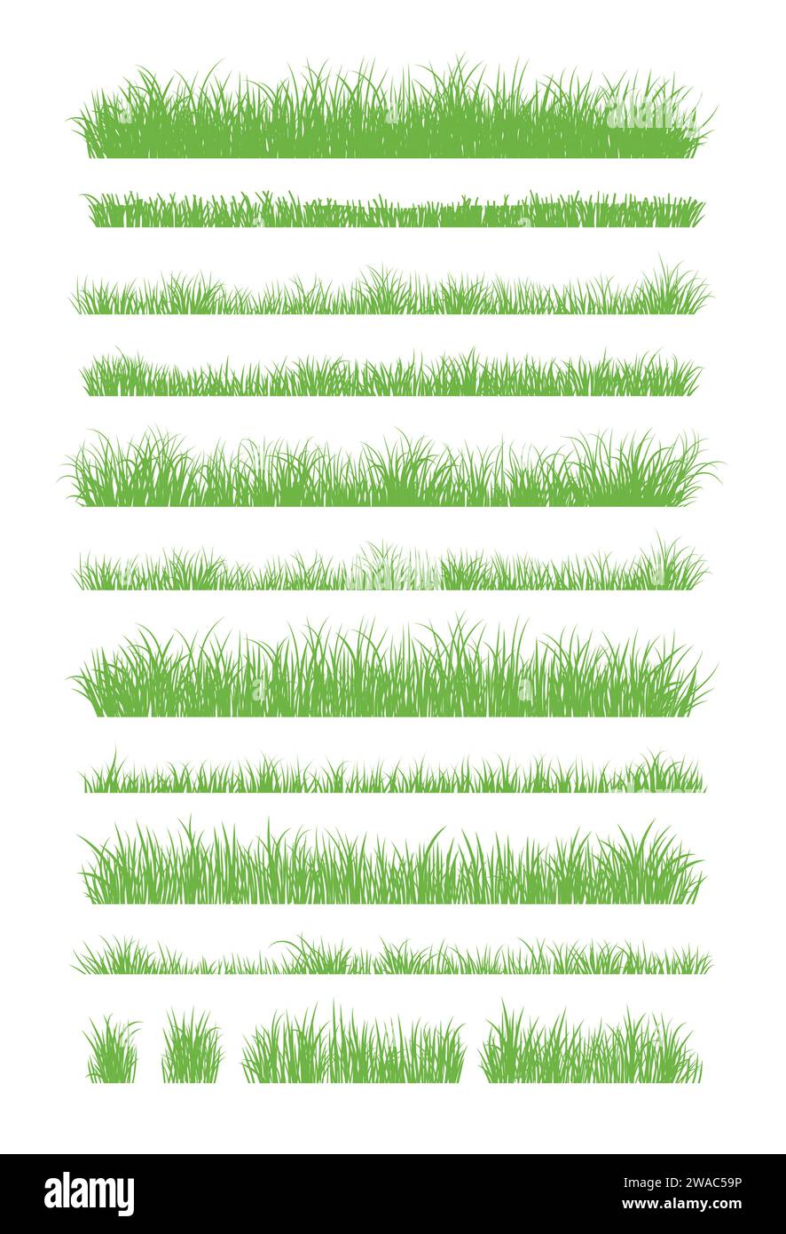 Silhouette in erba verde. Linee di cartoni animati di piante e arbusti per l'imbarco e l'inquadratura, elemento logo ecologico e organico. Semina di campi a molla con set vettoriale Illustrazione Vettoriale