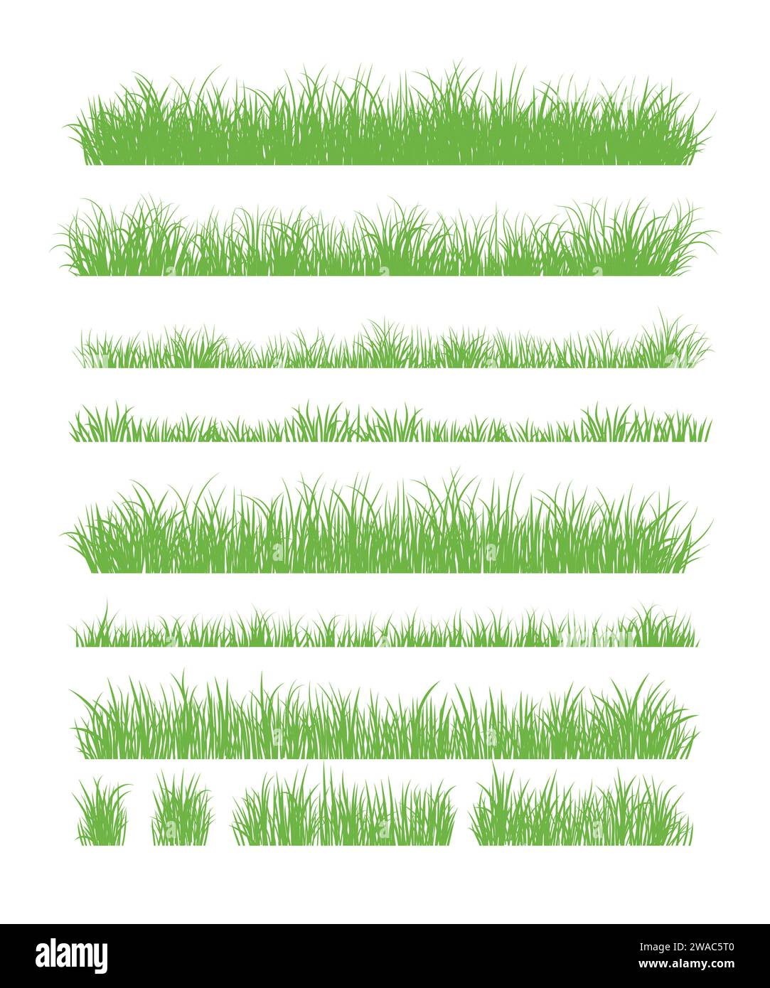 Silhouette in erba verde. Linee di cartoni animati di piante e arbusti per l'imbarco e l'inquadratura, elemento logo ecologico e organico. Semina di campi a molla con set vettoriale Illustrazione Vettoriale